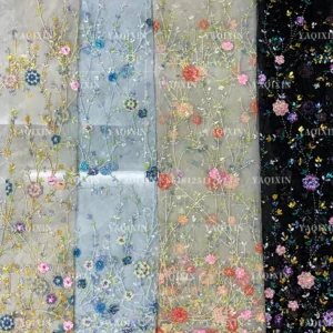 YX1222 Exquisite Colorful Sequins Embroidery Dresses Lace Mesh Flowers Fabric for Girls Skirts Shiny Flowers Dress Fabri