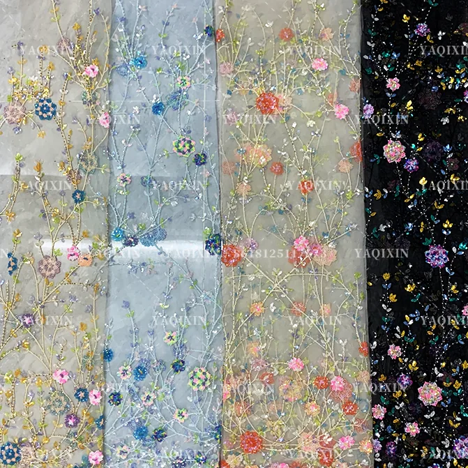 YX1222 Exquisite Colorful Sequins Embroidery Dresses Lace Mesh Flowers Fabric for Girls Skirts Shiny Flowers Dress Fabri