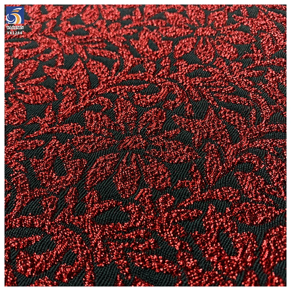 YX1284 160gsm 100% Polyester Wholesale Wine Red Shiny Lurex Jacquard Fabric With 3D Rhinestones Arabic Dress Jacquard Fabric