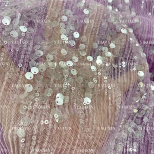 YX747 2026 New 150gsm Pleated Tulle Fabric With Transparent Sequin High-End French Fashion Dress Fabric