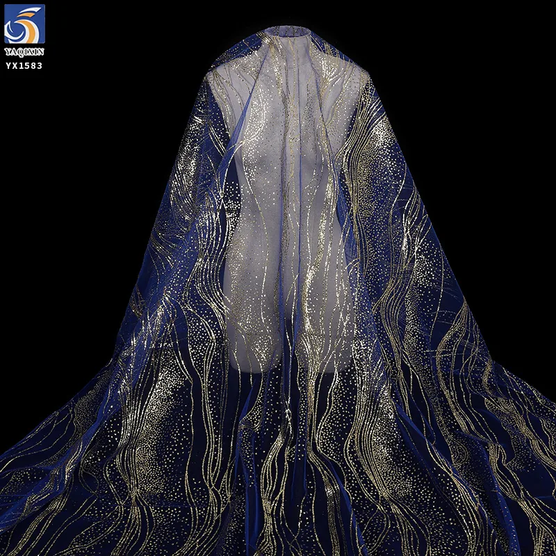YX1583 Silver Wave Pattern 100% Polyester Glitter Tulle Fabric Shiny Mesh for Wedding Dress Couture and Party Gowns