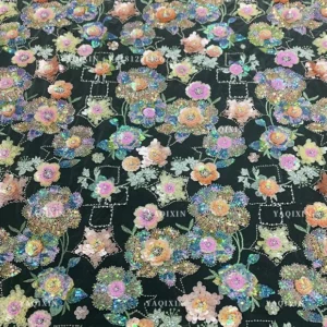 YX1308 3D Florals Colored Sequin Embroidered Mesh Fabric for Spring/Summer Dress Heavy Embroidery Pearls Glitter Sequin Fabric