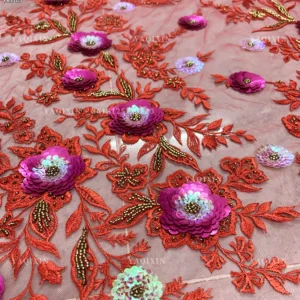 YX1305 Chinese Palace Luxury Style 3D Flower Sequin Colored Lace Mesh Fabric Textile Elegant Embroidered Tulle and Lace Fabric
