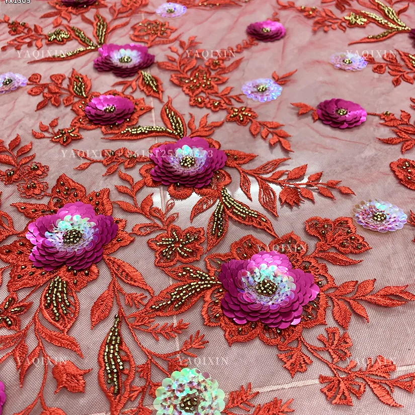 YX1305 Chinese Palace Luxury Style 3D Flower Sequin Colored Lace Mesh Fabric Textile Elegant Embroidered Tulle and Lace Fabric
