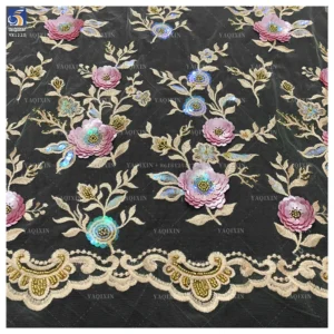 YX1223 Burgundy French Embroidered Lace Textile Fabric 3D Floral Embroidered Tulle Lace Fabric With Competitive Prices