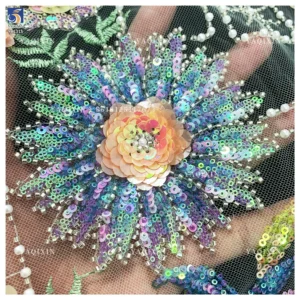 YX1315 Chinese Suppliers Summer-Style Sunflower Design Colorful Sequin Embroidered Mesh Lace Fabric for Women's Clothing
