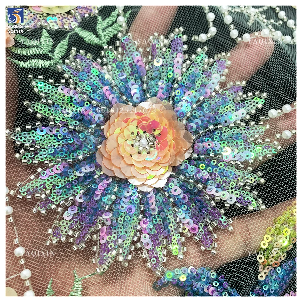 YX1315 Chinese Suppliers Summer-Style Sunflower Design Colorful Sequin Embroidered Mesh Lace Fabric for Women's Clothing
