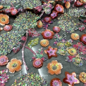YX1316 Latest 3D Five-Pointed Star Flower Sequin Embroidery Mesh Tulle Fabric Florals Pattern Beaded Sequin Mesh Lace Fabric