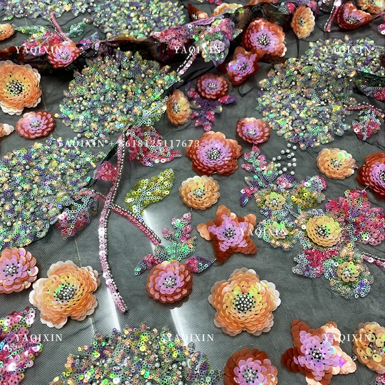 YX1316 Latest 3D Five-Pointed Star Flower Sequin Embroidery Mesh Tulle Fabric Florals Pattern Beaded Sequin Mesh Lace Fabric