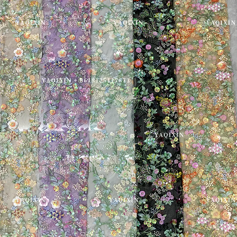YX1320 Hot-Selling Lace Fabric Colorful Floral 3D Lace Glitter Sequin Embroidered Mesh Women's Dress Fabric