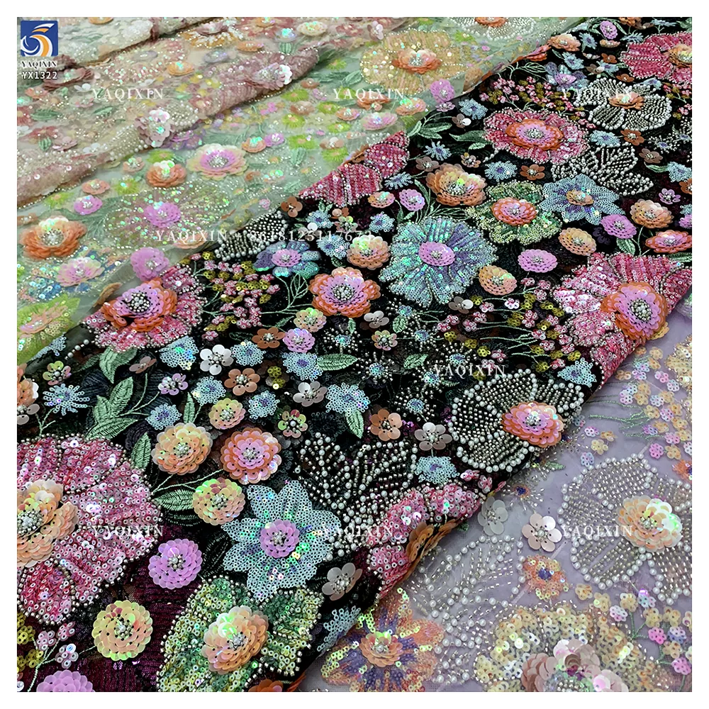 YX1322 High-Quality Custom Sequin Glitter Lace Fabric With Pearls Parisian French Fashion Clothing Lace Fabric