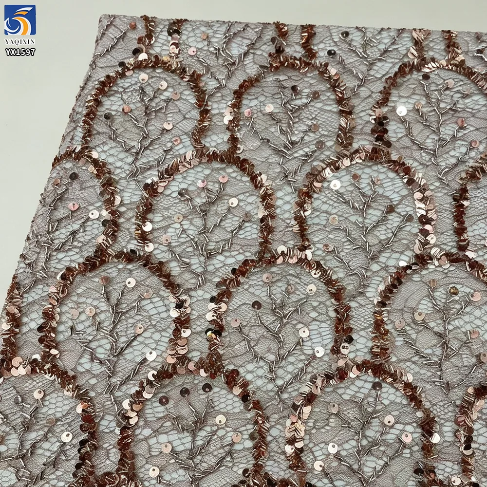 YX1597 Floral Sequin Lace Fabric Decorative Embroidered Mesh for Wedding Evening Dress