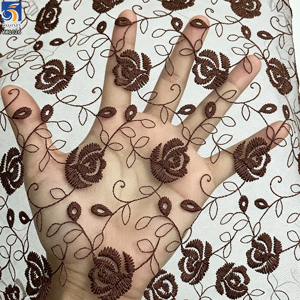 YX1026 Romantic Embroidered Rose Floral Mesh Fabric for Chinese Valentine's Day Beauty Dresses Embroidered Tulle Fabrics