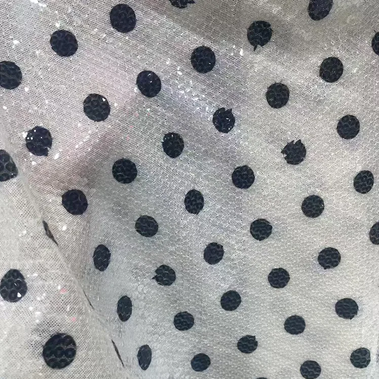 YX1429 250gsm Hot Sale 5mm Transparent Sequin Polka Dot Print Stretch Dress Fabric 140cm Sparkle for Womens Party Dress