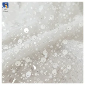 Hot Sale Diamond Crystal White Glitter 3D Beaded Lace Fabric Shiny Sequin Lace Fabric for Wedding Dress