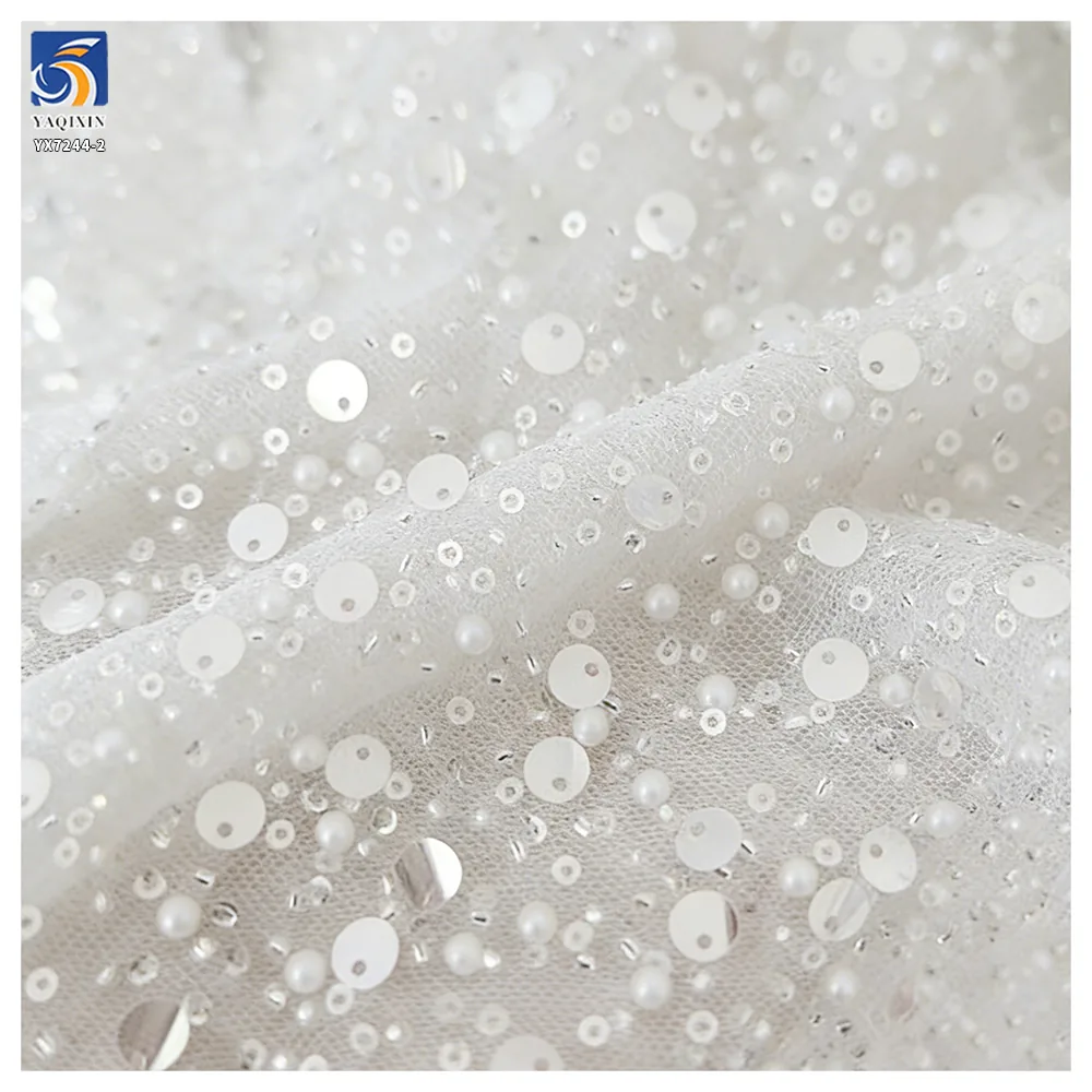 Hot Sale Diamond Crystal White Glitter 3D Beaded Lace Fabric Shiny Sequin Lace Fabric for Wedding Dress
