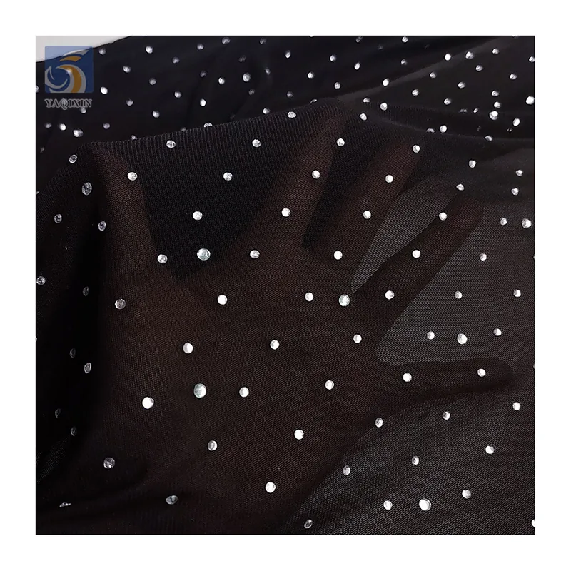 Spandex Elastic Sexy Mesh Fabric with Diamonds 2025 Silver Crystal Stretch Fabric Rhinestones Mesh Women Custom Knitted 5 Yards