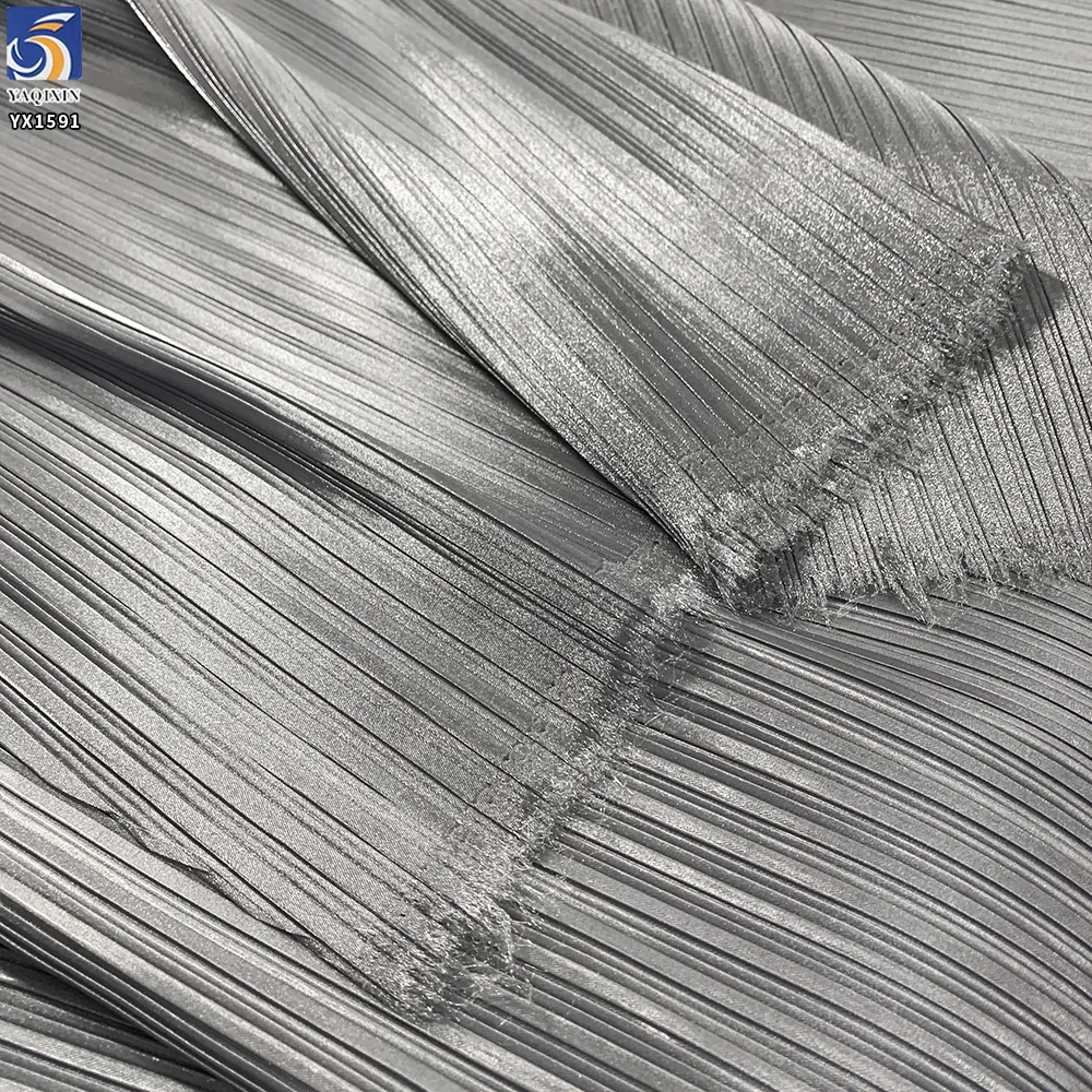 YX1591 Glossy Organza Pleated Fabric Silver Lightweight Soft Material for Evening Gowns and Womenswear
