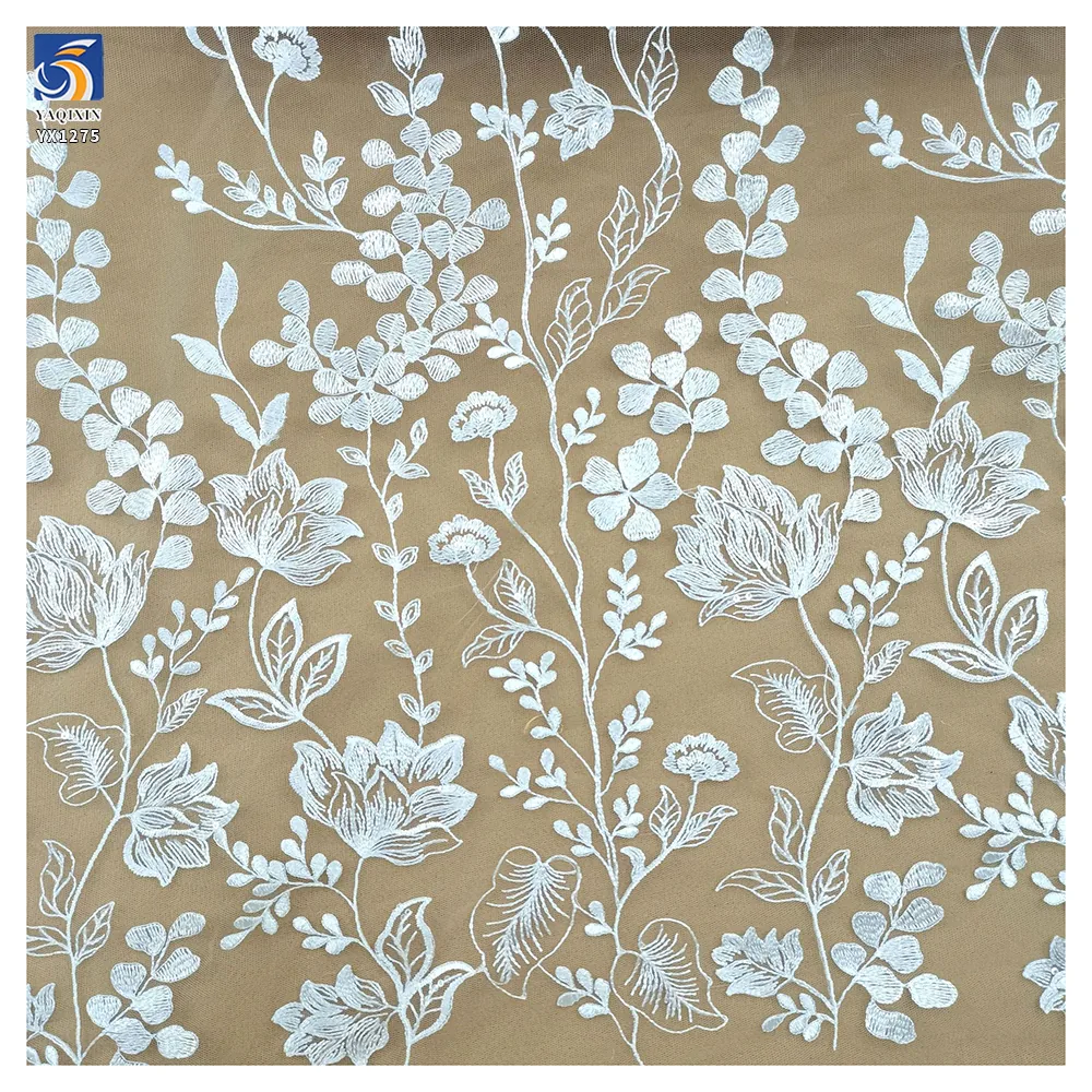 YX1275 130gsm Luxury Florals Embroidered White Wedding Tulle Lace Fabric Water-Soluble Embroidery French Dress Fabric