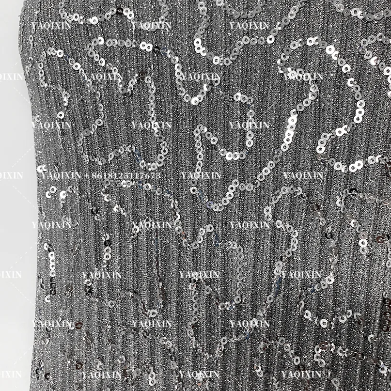 YX1148 130gsm Thick Silver Thread Bright Silk Composite Polyester Knitted Pleated Sequin Fabric 3mm Sequin Fabric for Dress