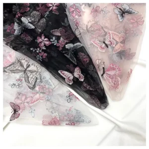 CXT20 Romantic French Woman Dress Mesh Tulle Fabric Embroidery Colorful Butterfly Fabric