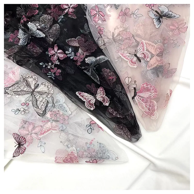 CXT20 Romantic French Woman Dress Mesh Tulle Fabric Embroidery Colorful Butterfly Fabric