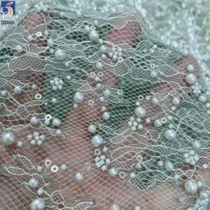 YX1510 Pearl Beaded Eyelash Lace Fabric 3D Floral Mesh Textile for Bridal Dress Evening Wear and Fashion Garments