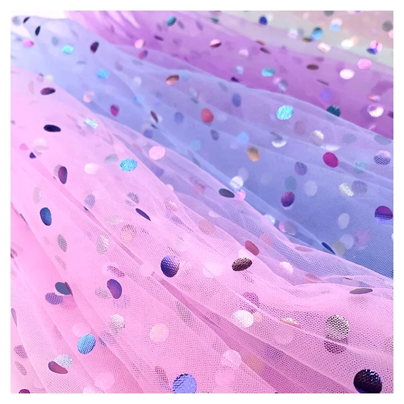 DX119 Cheap 100% Polyester Multicolor Big Dot Foil Stamping Tulle Fabric Net