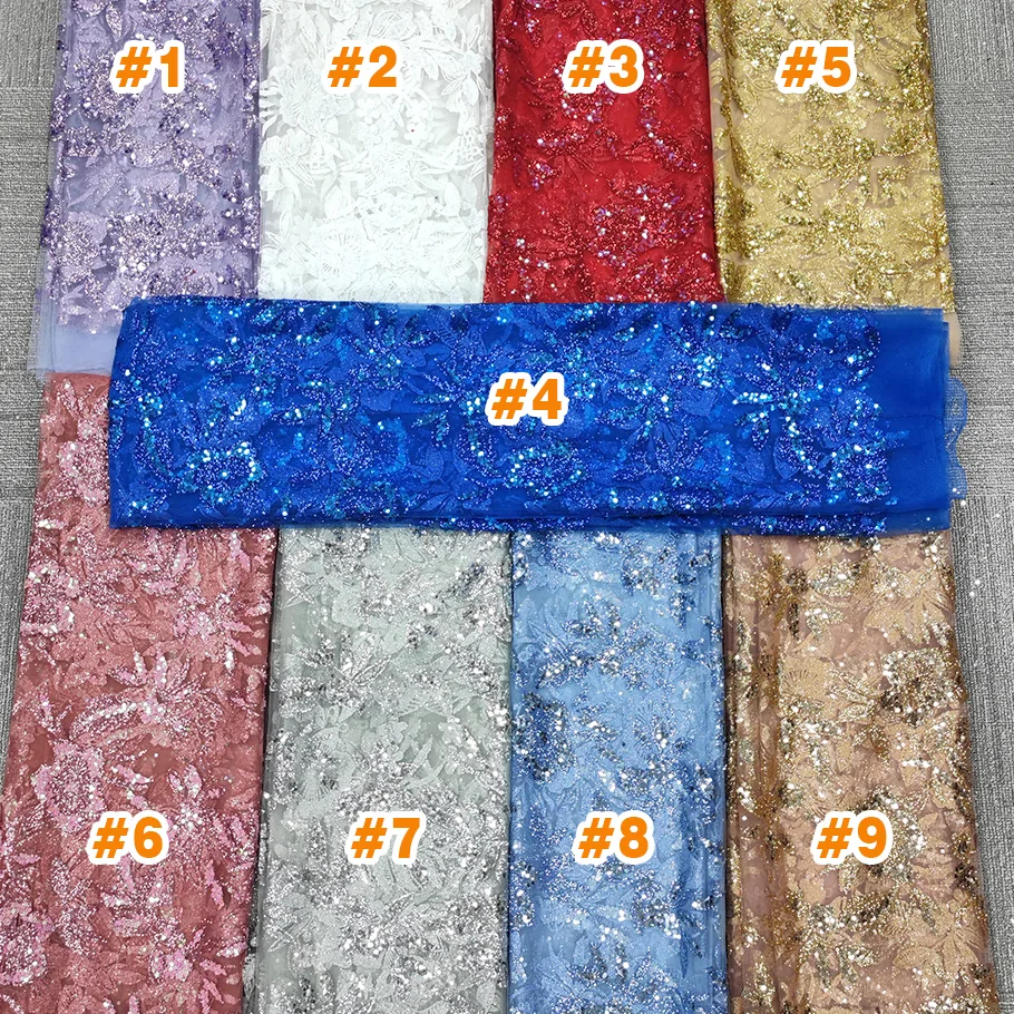 YX41-1 Wholesale Prices Nigerian Shine Lace Fabrics for Wedding 2026 Gold Sequins Glitter Lace Tulle Fabric