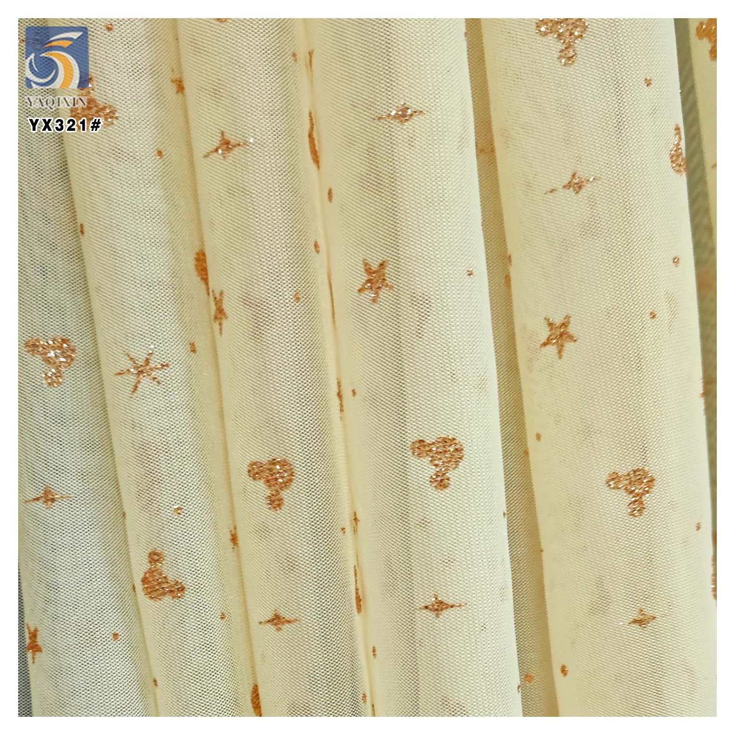 YX321 Latest Design 100% Polyester Glossy Tulle with Glitter Dust and Mickey Star Pattern Mesh Tulle Fabric
