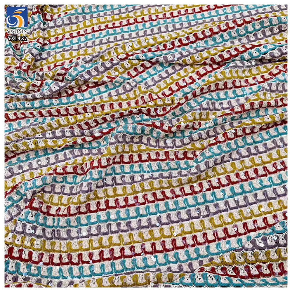 YX1432 Color Block Lace Jacquard Hollow Fabric 8mm Transparent Sequin Ethnic Knit Mesh Swimwear Bikini Fabric 130cm Wholesale