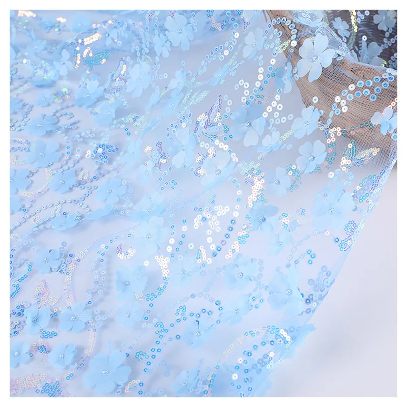 Multicolor 3D Flowers Embroidered Tulle Lace Fabric with Sequin Embroidery Tulle Fabric for Clothing
