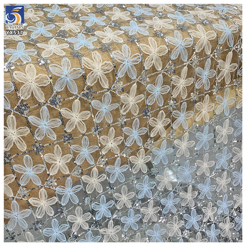 YX537 2025 Most Popular Overseas Embroidered Tulle Fabric Five-Petal Flower 3D Embroidery Tulle Fabric With Sequins