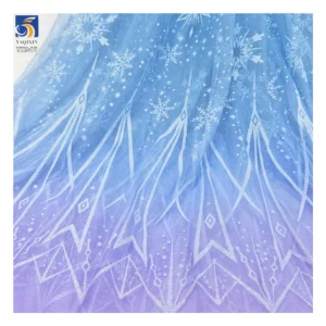 YX947 New Arrival Polyester Gradient Tulle Mesh Fabric, Snowflake & Ice Print for Kids Snow Queen Princess Dress