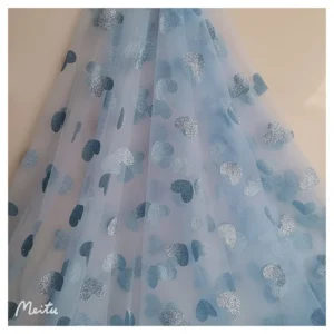 Sweet Pink Love Heart Pattern Glitter Print Tulle Fabric Lace Girl Casual Dress Fabric