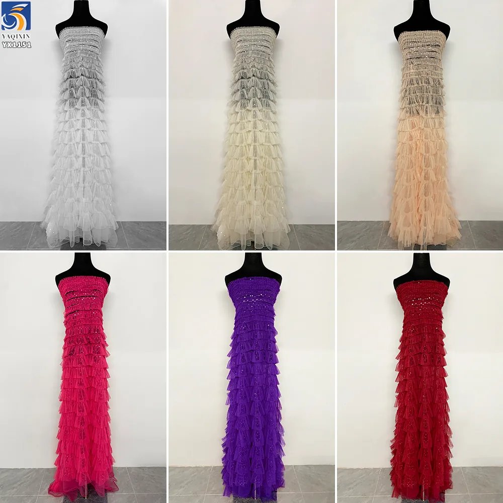 YX1151 High-Quality 200gsm Knitting 3D Red Tulle Puffy Skirt Fabric With Sequins Tulle for Girls' Princess Dress 5 Yards