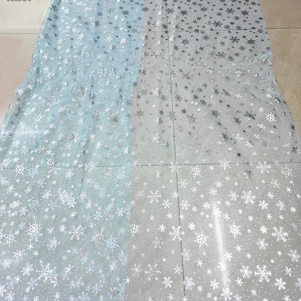 YX887 Blue Polyester Tulle Mesh Fabric With Silver Snowflake Print for Children Princess Dress