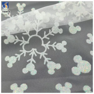YX597-1 Factory Low MOQ Custom Glitter Tulle Mesh Fabric, White Snowflake Printed Net Fabric For Kids Party Dress