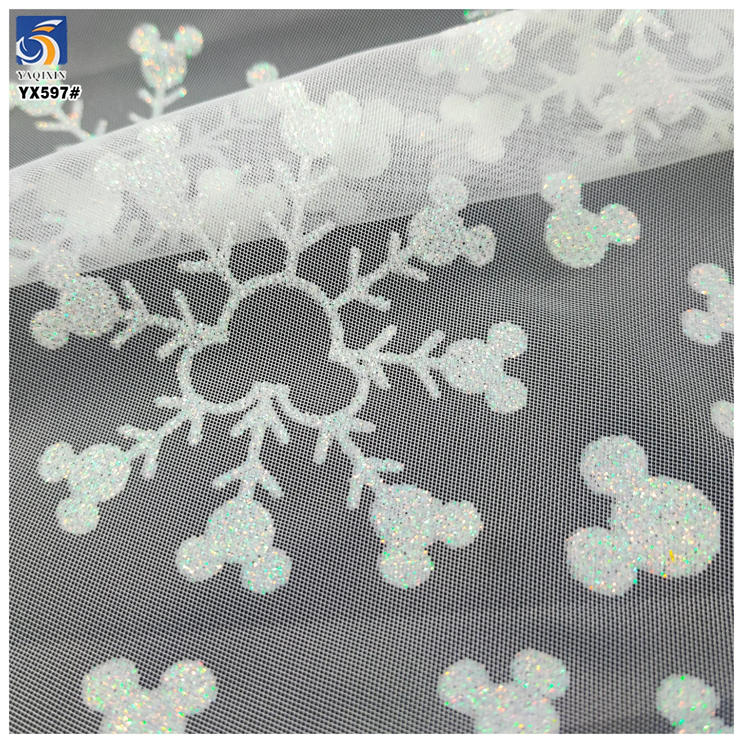YX597-1 Factory Low MOQ Custom Glitter Tulle Mesh Fabric, White Snowflake Printed Net Fabric For Kids Party Dress