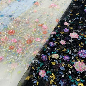 YX1222 Exquisite Colorful Sequins Embroidery Dresses Lace Mesh Flowers Fabric for Girls Skirts Shiny Flowers Dress Fabri