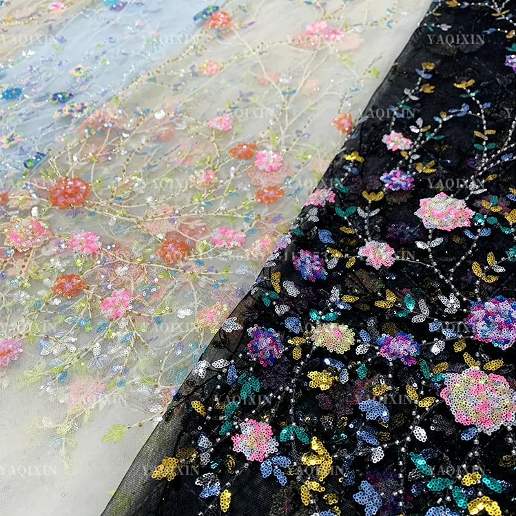 YX1222 Exquisite Colorful Sequins Embroidery Dresses Lace Mesh Flowers Fabric for Girls Skirts Shiny Flowers Dress Fabri