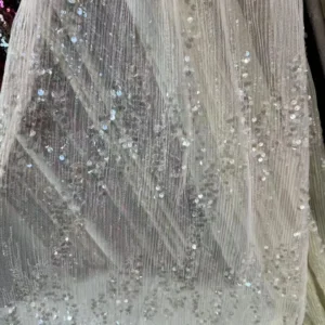 YX747 2026 New 150gsm Pleated Tulle Fabric With Transparent Sequin High-End French Fashion Dress Fabric