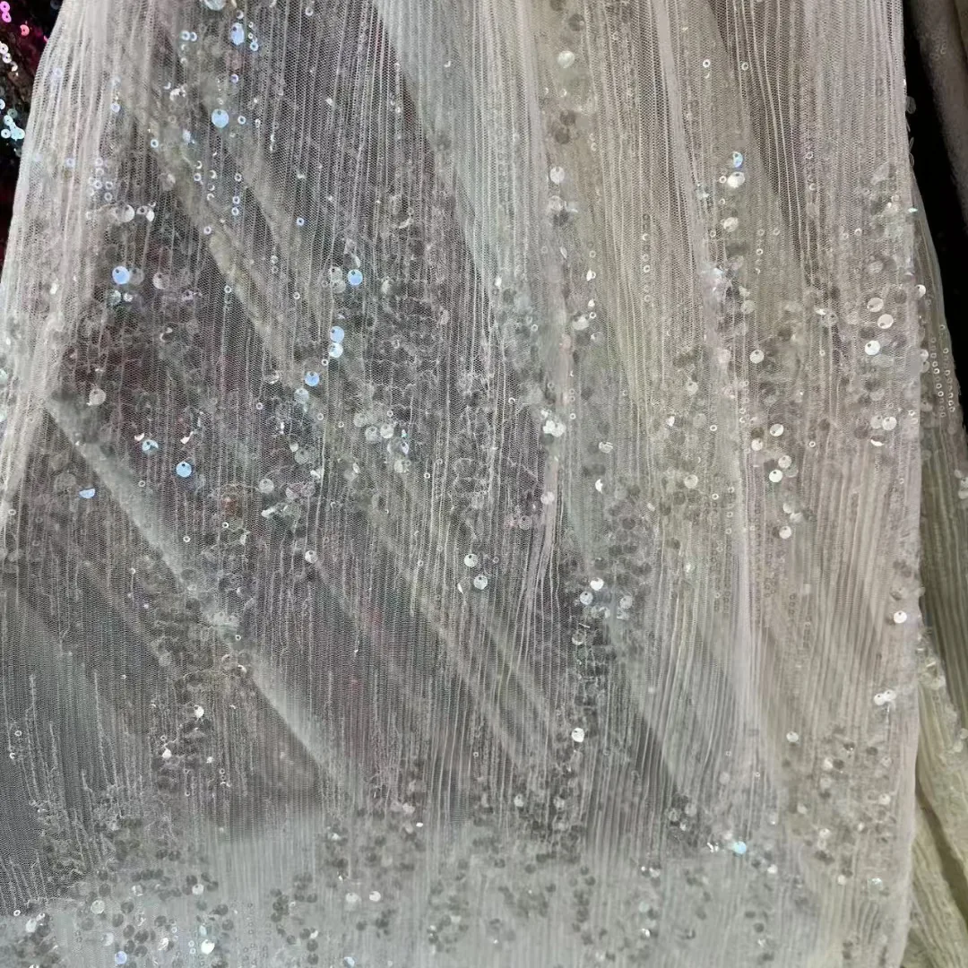 YX747 2026 New 150gsm Pleated Tulle Fabric With Transparent Sequin High-End French Fashion Dress Fabric