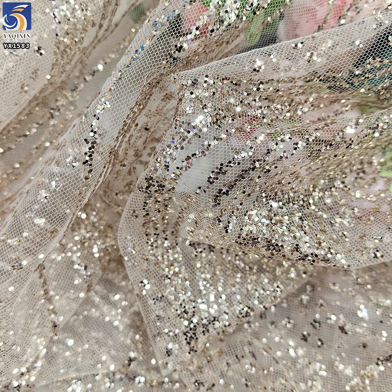 YX1583 Silver Wave Pattern 100% Polyester Glitter Tulle Fabric Shiny Mesh for Wedding Dress Couture and Party Gowns