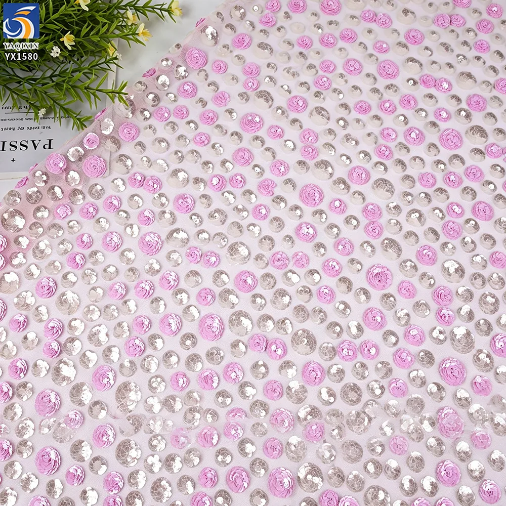 YX1580 Cost Effective Two Tone 3D Flower Sequin Embroidery Fabric for Evening Dresses Prom Gowns and Statement Fashion