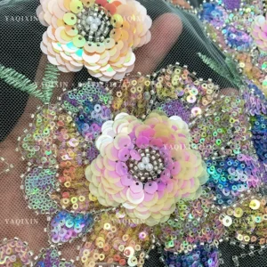YX1308 3D Florals Colored Sequin Embroidered Mesh Fabric for Spring/Summer Dress Heavy Embroidery Pearls Glitter Sequin Fabric
