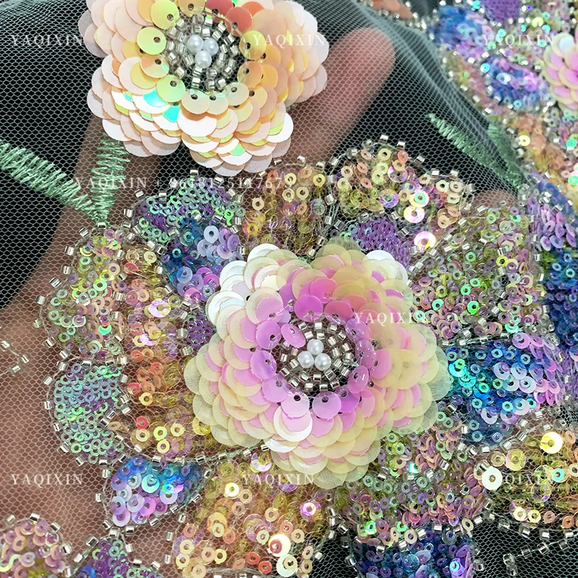 YX1308 3D Florals Colored Sequin Embroidered Mesh Fabric for Spring/Summer Dress Heavy Embroidery Pearls Glitter Sequin Fabric