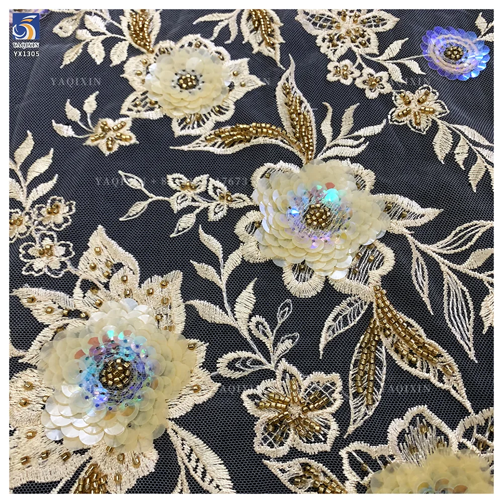 YX1305 Chinese Palace Luxury Style 3D Flower Sequin Colored Lace Mesh Fabric Textile Elegant Embroidered Tulle and Lace Fabric