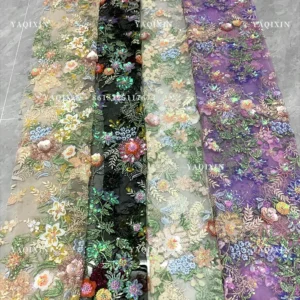 YX1309 Top Sales Forest Pattern 3D Floral Embroidered Mesh Fabric for Women's Skirts DIY Handmade Pearls Sequin Flowers Fabric
