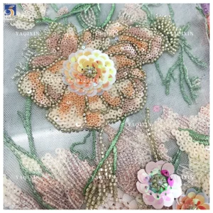 YX1311 Heavy Embroidery Pearls Sequins Lace Fabric Flowers Handmade Embroidered Lace Fabric Most Popular in Chinese 2026